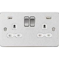 KnightsBridge 13A 2G SP Flat Plate Switched Socket with Dual USB A+C - Brushed Chrome, White Insert