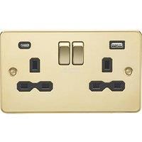 Knightsbridge 13A 2-Gang SP Switched Socket + 4.0A 20W 2-Outlet Type A & C USB Charger Polished Brass with Black Inserts (620PX)