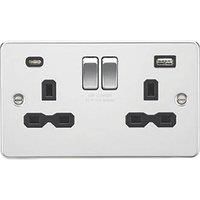 KnightsBridge 13A 2G SP Flat Plate Switched Socket with Dual USB A+C - Polished Chrome, Black Insert