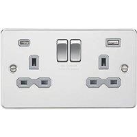 KnightsBridge 13A 2G SP Flat Plate Switched Socket with Dual USB A+C - Polished Chrome, Grey Insert