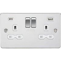 KnightsBridge 13A 2G SP Flat Plate Switched Socket with Dual USB A+C - Polished Chrome, White Insert