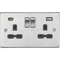 KnightsBridge 13A 2G SP Raised Square Edge Switched Socket with Dual USB A+C - Brushed Chrome, Black Insert