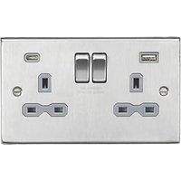 KnightsBridge 13A 2G SP Raised Square Edge Switched Socket with Dual USB A+C - Brushed Chrome, Grey Insert