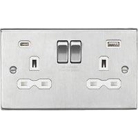 KnightsBridge 13A 2G SP Raised Square Edge Switched Socket with Dual USB A+C - Brushed Chrome, White Insert