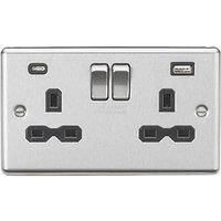 Knightsbridge 13A 2-Gang SP Switched Socket + 4.0A 20W 2-Outlet Type A & C USB Charger Brushed Chrome with Black Inserts (462PX)