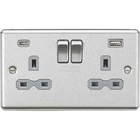 Knightsbridge 13A 2-Gang SP Switched Socket + 4.0A 20W 2-Outlet Type A & C USB Charger Brushed Chrome with Grey Inserts (329PX)