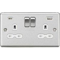 Knightsbridge 13A 2-Gang SP Switched Socket + 4.0A 20W 2-Outlet Type A & C USB Charger Brushed Chrome with White Inserts (382PX)