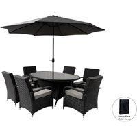 Aura 6 Seater Armchair Oval Rattan Garden Furniture Dining Set With Parasol