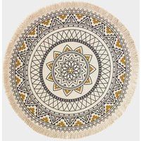 HOMESCAPES Black and Gold Rug 100% Cotton Round Mandala Rug 145 cm Wide with Tassels Handwoven Bohemian Chic Printed Area Rug for Living Room and Bedroom