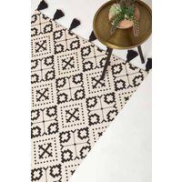 HOMESCAPES Natural & Black 100% Cotton Rug Carpet Runner for Hallway 66 x 200 cm ‘Reva’ Decorative Printed Geometric Rug with Tassels