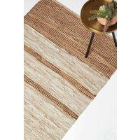 HOMESCAPES Brown Genuine Leather Runner Rug Handwoven Stripe Design Recycled Eco Friendly Real Leather Rug for Hallways, 66 x 200 cm