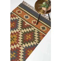 Handwoven Kilim Rug Runner Wool & Cotton in Traditional Pattern with Tassels