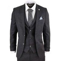 Mens Wool 3 Piece Suit Tweed Charcoal Black Tailored Fit Classic
