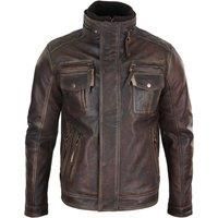 Mens Distressed Genuine Leather Biker Jacket Vintage Brown - Brown red 5XL