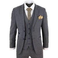 Mens 3 Piece Suit Tweed Check Vintage Retro Tailored Fit 1920s Navy Blue