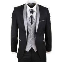 Mens 4 Piece Wedding Suit Groom Shawl Collar Vintage Black Silver Cravat Tailor