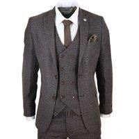 Mens Wool 3 Piece Suit Double Breasted Waistcoat Tweed 1920s Brown