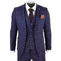 Mens 3 Piece Blue Suit Herringbone Tweed Check Tailored Fit 1920s Wedding Prom