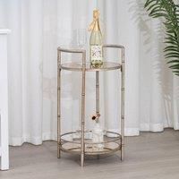 Round Champagne 2 Tier Mirrored Side Table Material: Metal, glass