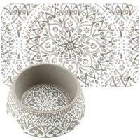 Boho Medallion Taupe Medium Pet Bowl & Placemat Set