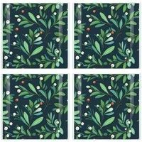 Mistletoe Coaster Set - Square Glass Botanical Garden Design - Set of Four (4) Coasters