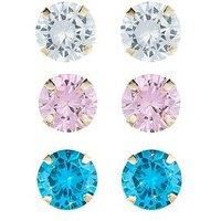 Set of 3 9ct yellow gold pink blue and white cubic zirconia studs  / Gift box