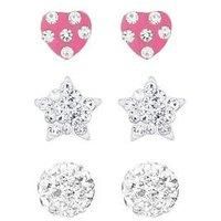 Sterling silver set of 3 ball, heart and star crystal stud children/'s earrings / Gift Box