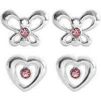 The Love Silver Collection Sterling Silver Set Of Two Pink Crystal Butterfly And Heart Studs