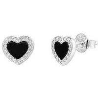 Sterling Silver Black & White Cubic Zirconia Heart Stud Earrings