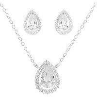Sterling Silver Teardrop Halo Earring and Pendant Adjustable Necklace Set