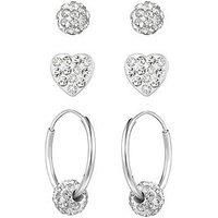 The Love Silver Collection Sterling Silver Crystal 3 Pack - 4Mm Glitterball Studs, 6Mm Heart Studs & 14Mm Hoops With Slider