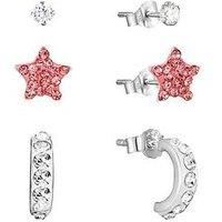 The Love Silver Collection Sterling Silver Crystal 3 Pack  3Mm Studs, Half Hoops & 6Mm Pink Star Studs