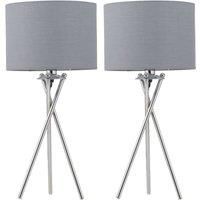Set of 2 Modern Chrome Tripod 52cm Table Lamps Bedside Lights Grey Fabric Shades
