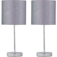 Set of 2 Chrome 35cm Table Lamps Bedside Lights Silvery Grey Glitter Shades