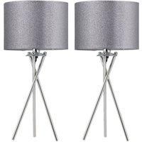 Set of 2 Chrome Tripod 52cm Table Lamp Bedside Lights Silvery Grey Glitter Shade