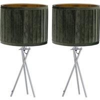 Set of 2 Chrome Tripod 54cm Table Lamps Bedside Lights Dark Green Pleat Shades