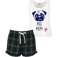 60 SECOND MAKEOVER Women's Pug Mum Pyjama Set Pink Tartan Friend Present in Green | Size: Medium