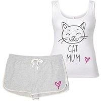 60 SECOND MAKEOVER Women's Cat Mum Pyjama Set Cat PJ's Loungewear Lounge Wear Grey & White | Size: Large