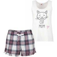 Cat Mum Ladies Tartan Frill Short Pyjama Set Red Blue or Green Blue Cat Pyjamas