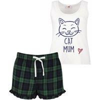 Cat Mum Ladies Tartan Frill Short Pyjama Set Red Blue or Green Blue Cat Pyjamas