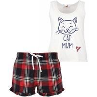 Cat Mum Ladies Tartan Frill Short Pyjama Set Red Blue or Green Blue Cat Pyjamas