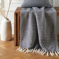 Appletree - Navy Blue Check Throw (180 x 130cm) - Sustainable Recycled Cotton - Textured Blue Blanket - Blue Sofa Throw with Tassels - Woven Blanket - Cotton Throw Blanket in Blue - Knitted Throw