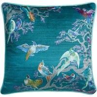 Laurence Llewelyn-Bowen - Luxury Velvet Teal Blue Cushion - 43 x 43cm - Teal Cushion with Padding/Filling - Piped Edge - Teal Cushion with Birds Print - Birdity Absurdity Collection