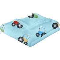 Bedlam Fleece Blanket (120 x 150cm), Blue Throw with Farm Tractor Design, Blanket & Throw for Kids, Kids Fleece Blanket for Boys, Farmyard Friends