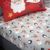 Bedlam - Kids Christmas Fitted Sheet (190 x 95 x 25cm) - Christmas Bed Sheet for Kids - Cartoon Santa Claus, Reindeer & Penguin Fitted Sheet - Grey Christmas Bed Sheet