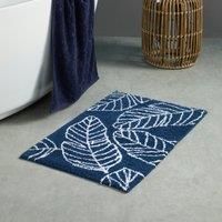 Fusion - Navy Blue Leaf Bath Mat (50 x 80cm) - 100% Cotton - Super Soft - Tropical Palm Leaves Bathroom Mat/Toilet Mat in Navy Blue - Absorbent Bath Mat - Blue Bathroom Accessory - Matteo Collection