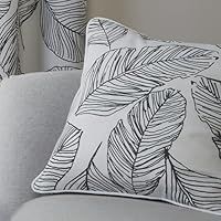Fusion - White Leaf Cushion (43 x 43cm) - 100% Cotton - Filling Included - Piped Edge - Black and White Tropical Leaves Print Cushion with Covers Included/Cushion Inserts - Matching Curtains Available