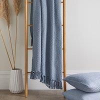 Drift Home - Blue Throw with Tassel - Sustainable Recycled Cotton - Woven Textured Sofa Throw Blanket - Extra Large (200 x 200cm)