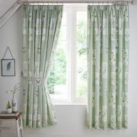 Dreams & Drapes - Green Floral Plants & Butterfly Specimen Curtains W66 x L72 (168 x 183cm) - with 2x Tiebacks - Garden/Wildlife Flowers Pencil Pleat Curtains - Green & White Pleated Curtains