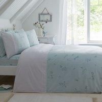 Dreams & Drapes - Duck Egg Floral & Dragonfly Duvet Cover - Super King Bedding Size (260 x 220cm) - Classic White Lace/Frill Trim Duck Egg Butterfly Bedding - Vintage White Bedding with Botanical